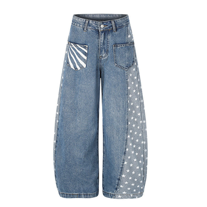 Damen Weite Denim-Palazzohose mit Kontrastseiten, Stern-Print und aufgesetzten Taschen Drune