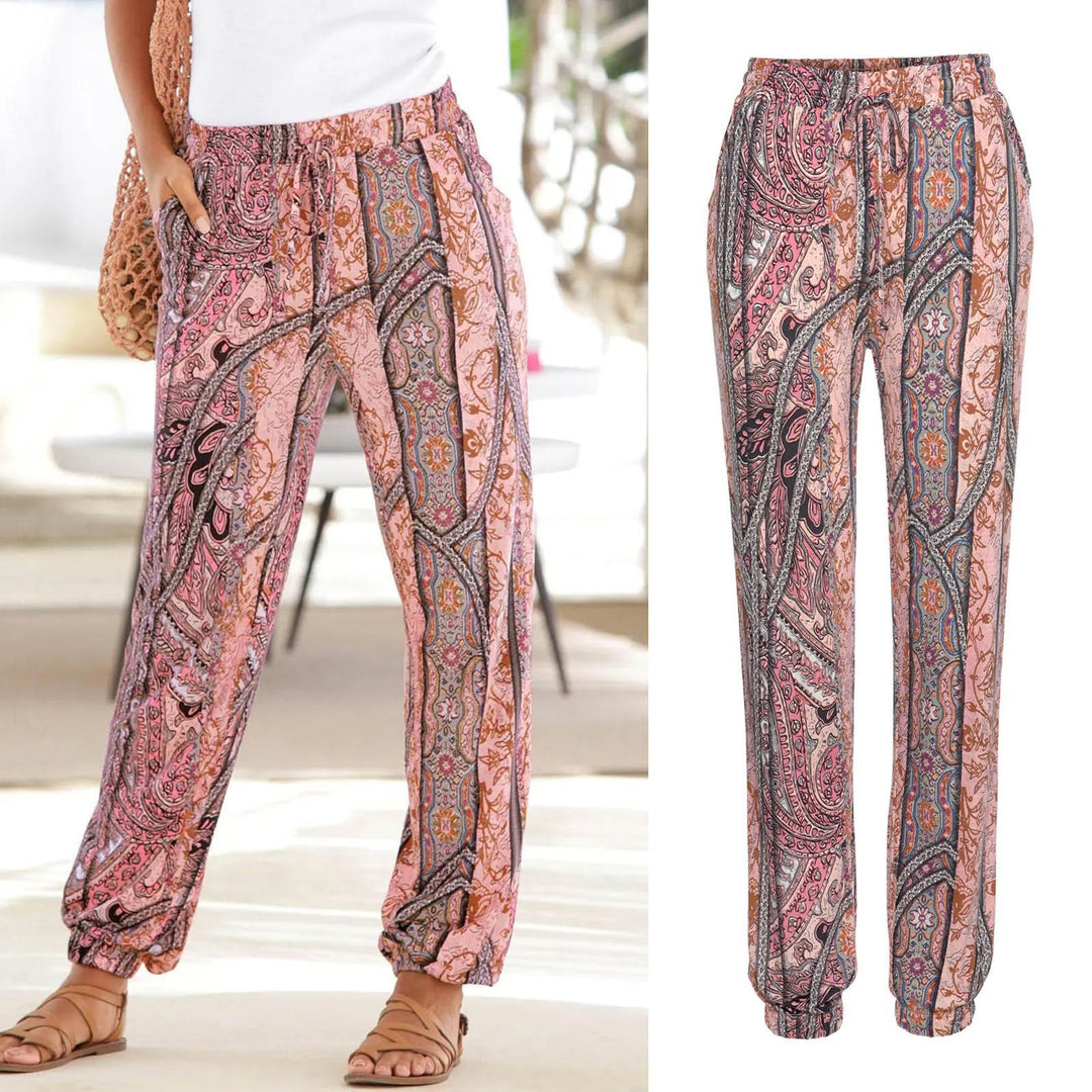 Damen Elegante Blumendruck-Hose mit Elastischem Bund und Seitentaschen Drune