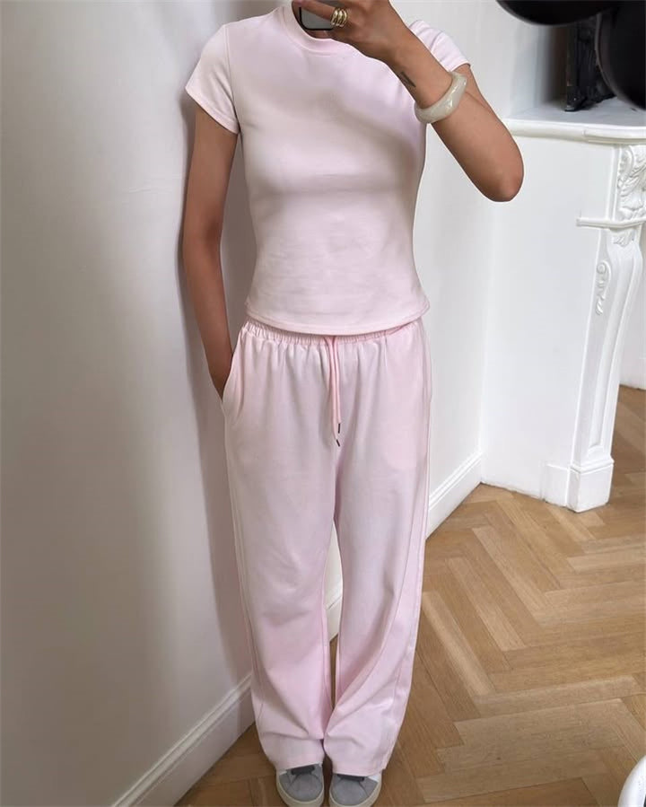 Damen figurnahes Kurzarm-Rippshirt und elastische High-Waist-Loungehose Set Drune