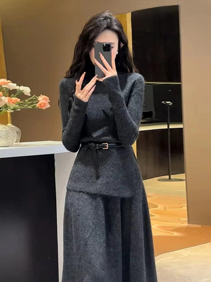 Damen elegantes Strickkleid mit schmalem Rollkragen und langem Schnitt Drune