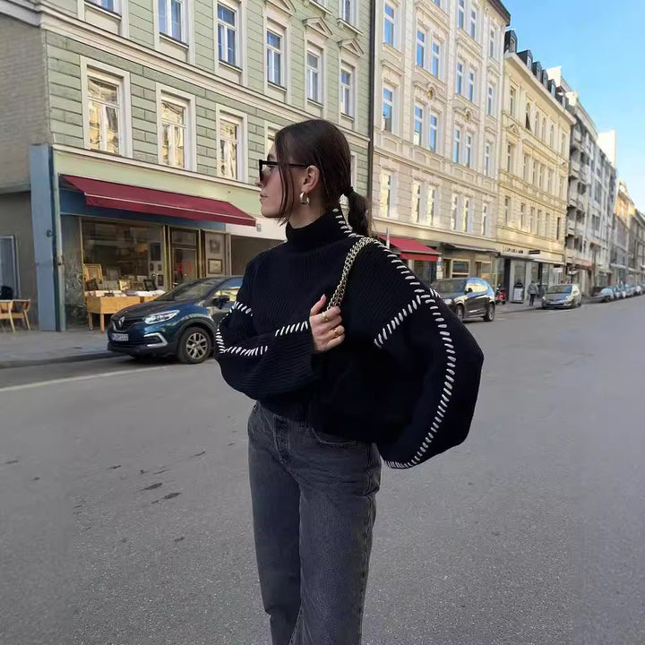 Damen Oversize-Strickpullover mit Stehkragen, Ballonärmeln und Ziernaht Drune