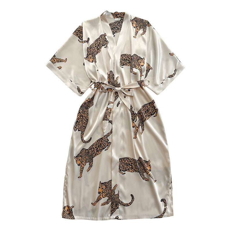 Damen Satin-Kimono-Robe mit lebhaftem Leopardenmotiv und elegantem Gürtel Drune