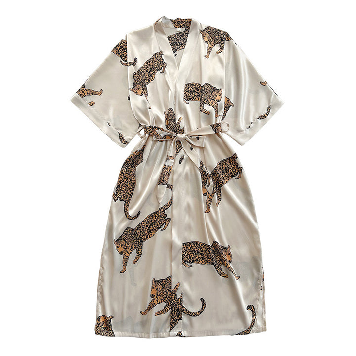 Damen Satin-Kimono-Robe mit lebhaftem Leopardenmotiv und elegantem Gürtel Drune