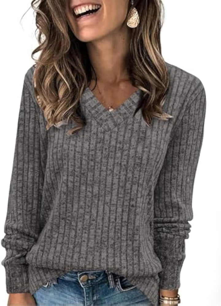 Damen gerippter V‑Ausschnitt Feinstrickpullover mit längerem Arm Drune
