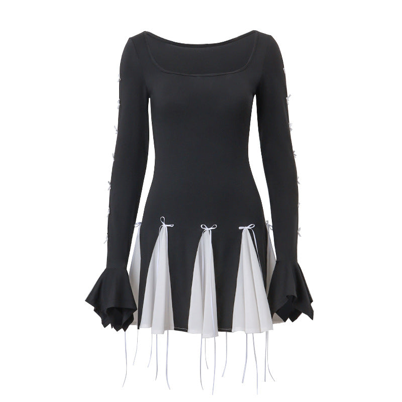 Damen Skaterkleid mit kontrastierenden Rüschendetails und lange Ärmel Drune