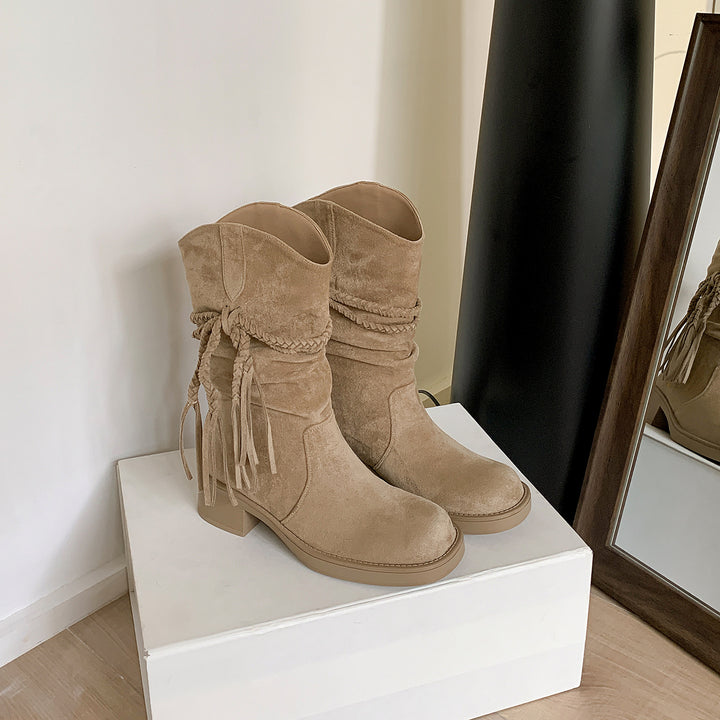 Damen Wadenhohe Veloursleder-Stiefel mit geflochtenem Quastenriemen Drune