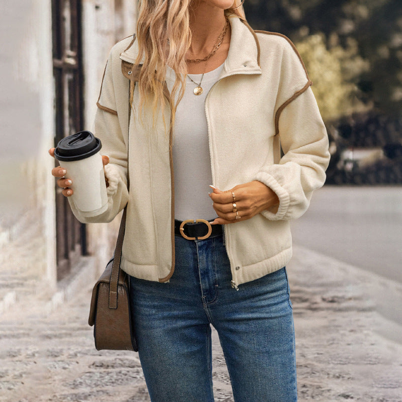 Damen Kurzjacke aus Teddy-Fleece mit Stehkragen, Kontrastpaspel und Reißverschluss Drune