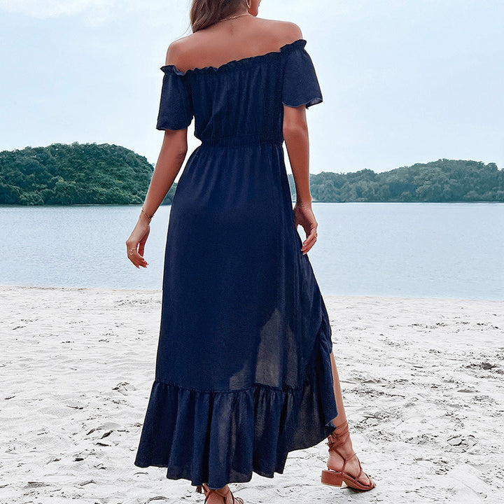 Damen Maxikleid mit schulterfreiem Design und knöpfbarem Frontbereich Drune