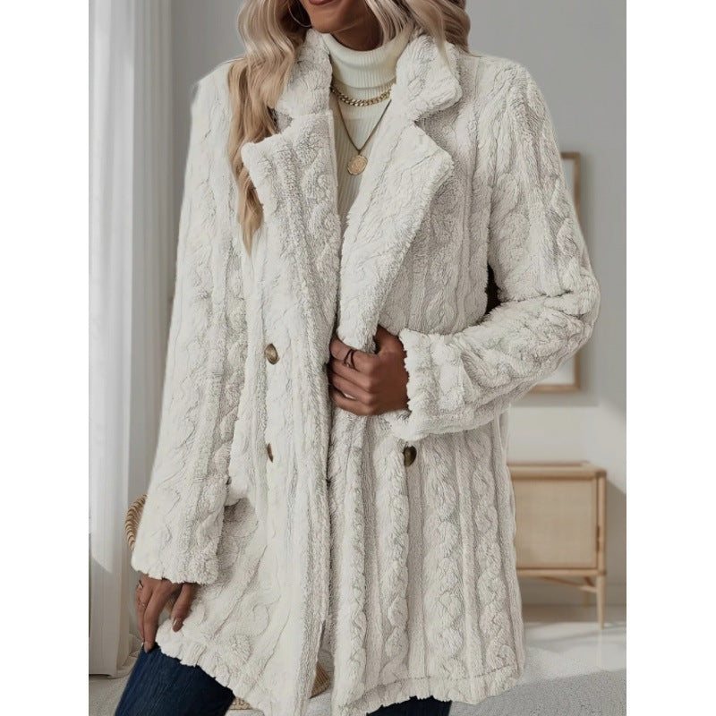 Damen Midilanger Teddy-Mantel mit Zopfmuster, Reverskragen und doppelt geknöpfter Front Drune