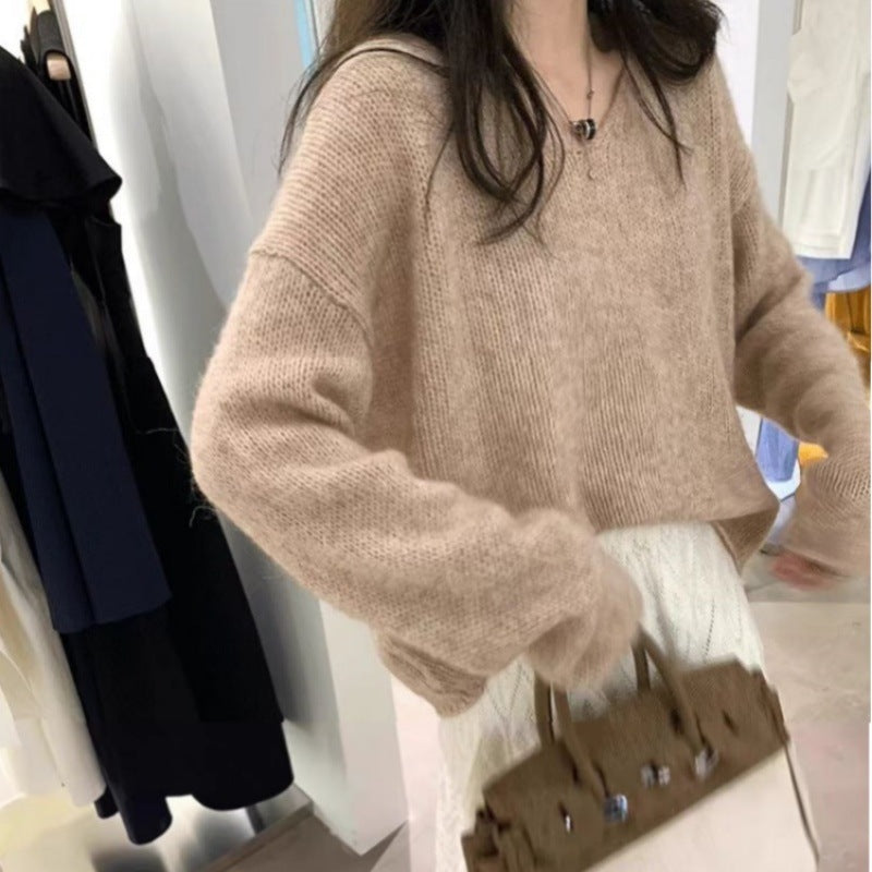Damen Oversize V‑Ausschnitt Mohair‑Look Pullover mit Angora‑Optik und überschnittener Schulter Drune