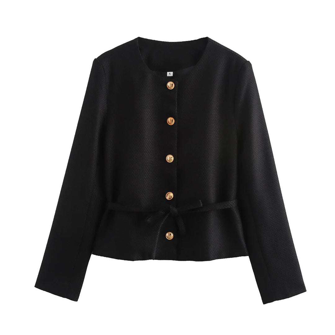 Damen nan taillierte Knopfjacke mit Rundhalsausschnitt, taillenbindegürtel und feiner Webstruktur Drune