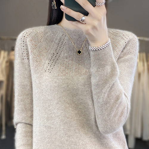 Damen Weicher Kaschmir‑Optik Feinstrickpullover mit Ajour‑Yoke und Paillettenbesatz Drune