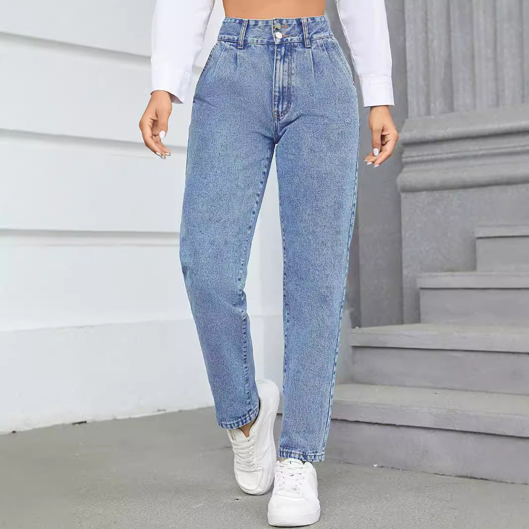 Damen High-Waist Boyfriend Jeans mit klassischem Schnitt und Knopfdetails Drune