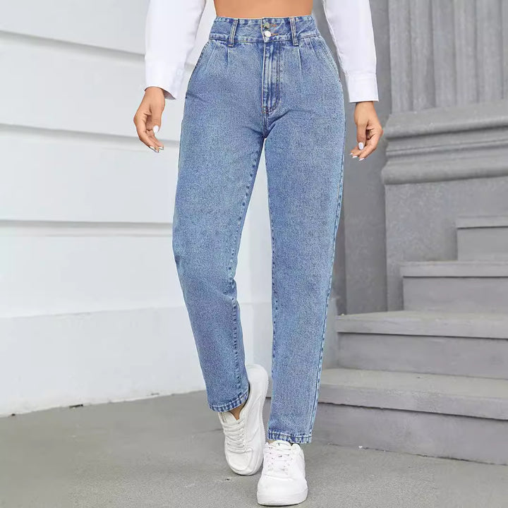 Damen High-Waist Boyfriend Jeans mit klassischem Schnitt und Knopfdetails Drune