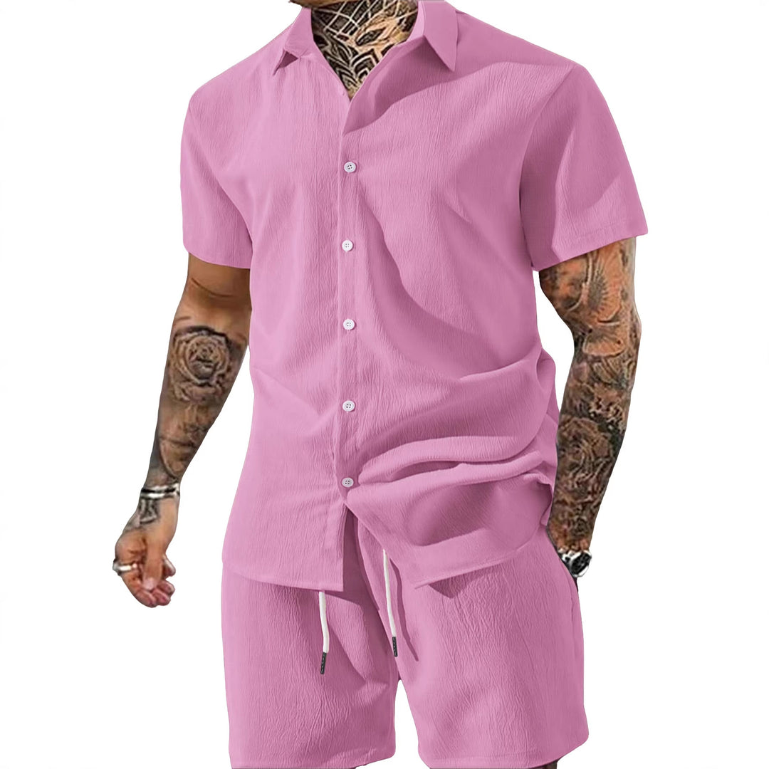Herren nan Crinkle-Lounge-Set mit offenem Revershemd, integriertem Kurzarm-T-Shirt und Kordel-Bermuda Drune
