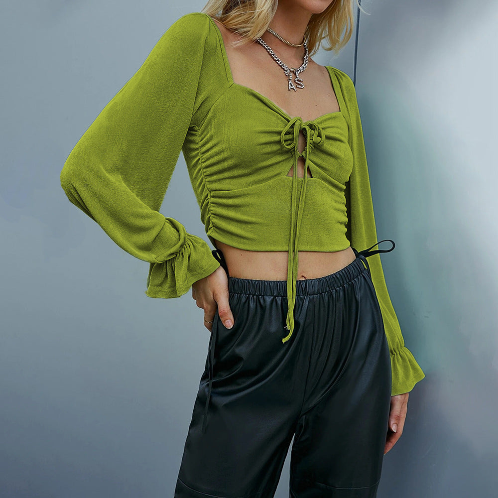 Damen gerafftes Crop-Top mit Herz-Bustier, Knoten-Detail und voluminösen Trompetenärmeln Drune