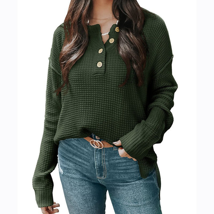 Damen nan lockerer Waffelstruktur Henley Pullover mit Knopfleiste und überschnittener Schulter Drune