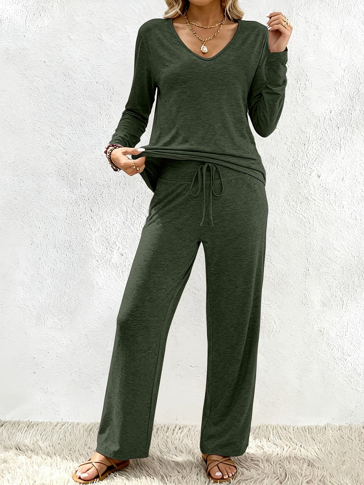 Damen Lounge-Set aus weichem Viskose-Modal-Mix mit V-Ausschnitt, Tunnelzughose und weitem Bein Drune
