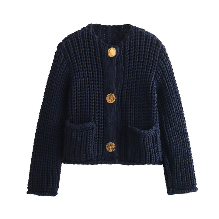 Damen Grobstrick-Cardigan mit V‑Ausschnitt, goldener Knopfleiste und aufgesetzten Taschen Drune