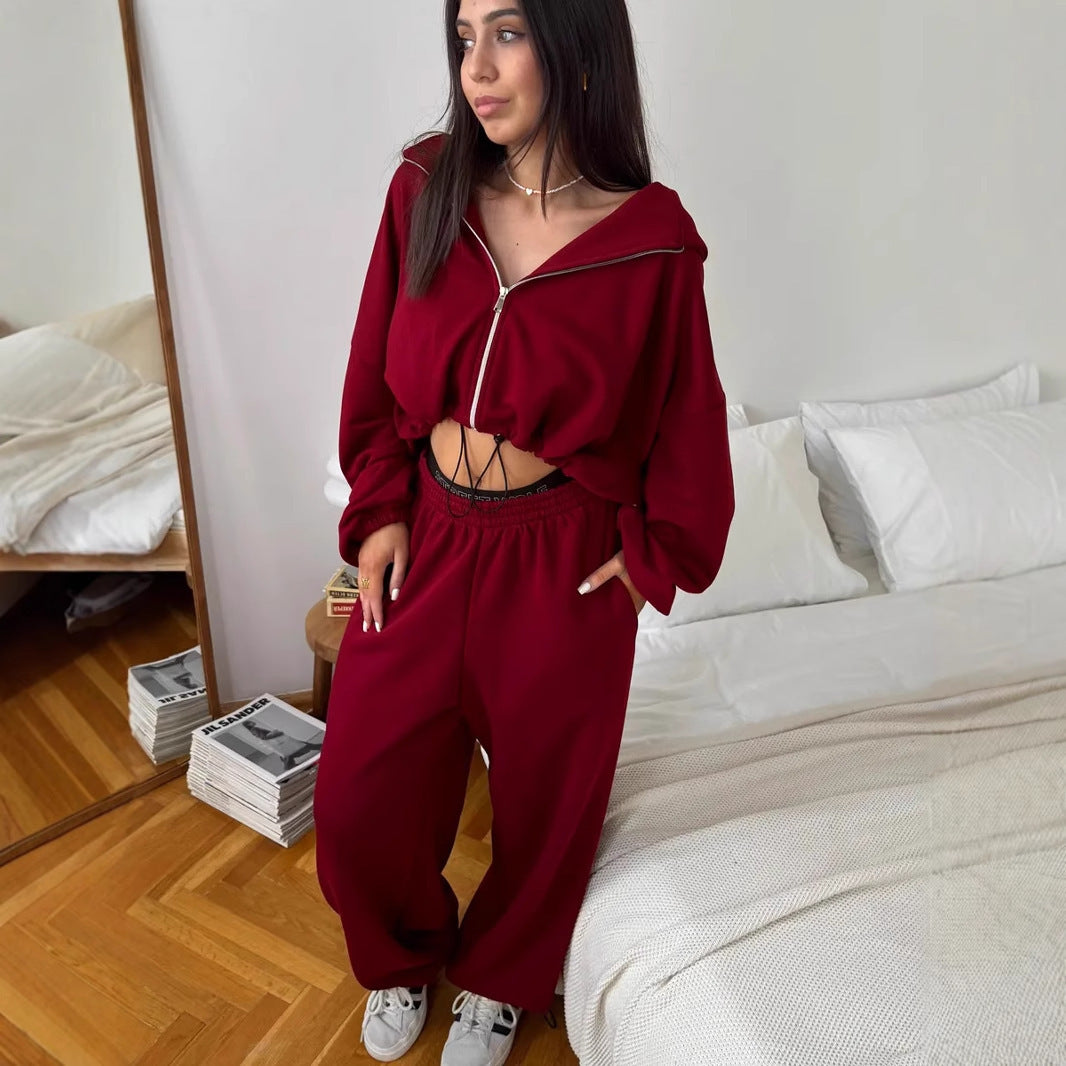 Damen kurzes Kapuzenzipper-Lounge-Set mit oversized Ärmeln und weitem Jogginghose-Schnitt Drune