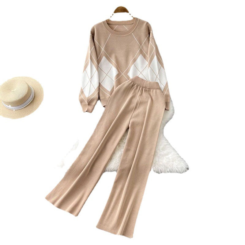 Damen elegantes Strick-Loungewear-Set mit Rautenmuster und weitem Bein Drune
