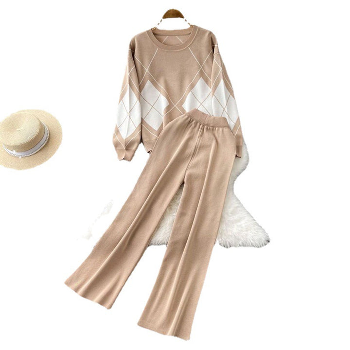 Damen elegantes Strick-Loungewear-Set mit Rautenmuster und weitem Bein Drune