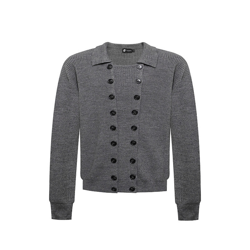 Herren Doppelreihige Strickcardigan mit Hemdkragen und Rippbündchen Drune