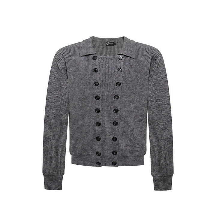 Herren Doppelreihige Strickcardigan mit Hemdkragen und Rippbündchen Drune
