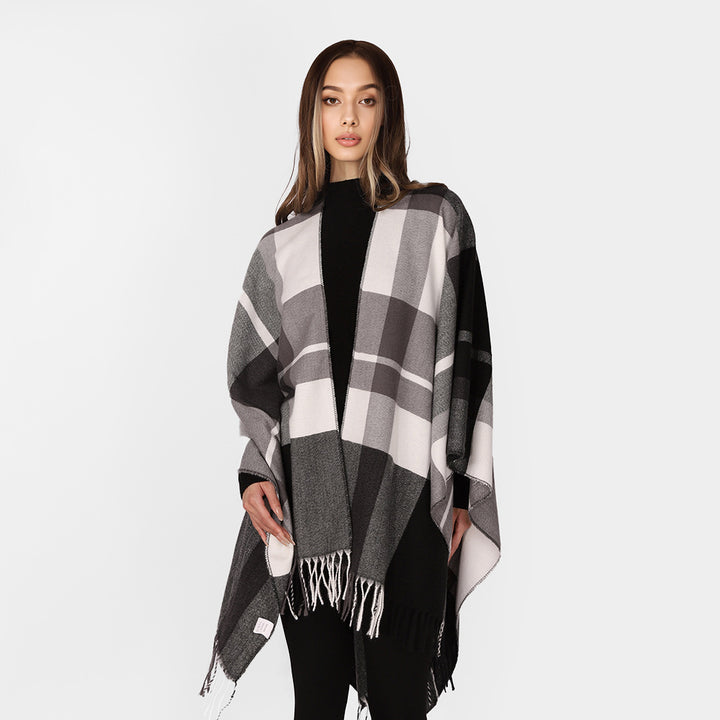 Damen Oversize-Karoponcho aus weichem Wollmix mit Fransensaum Drune