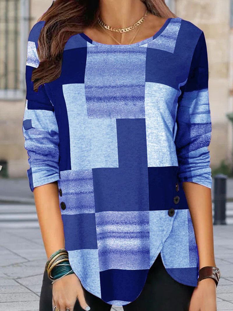 Damen gemustertes Langarm-Tunika-Shirt mit asymmetrischem Saum und dekorativer Knopfleiste Drune