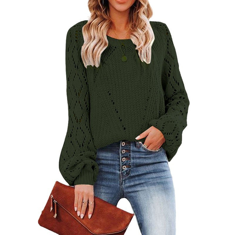 Damen Strickpullover mit modischem Lochmuster und voluminösen Ärmeln Drune