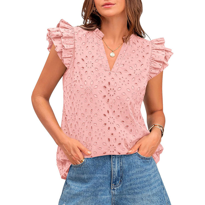 Damen Bluse mit Rüschenärmel und floralem Lochmuster Drune