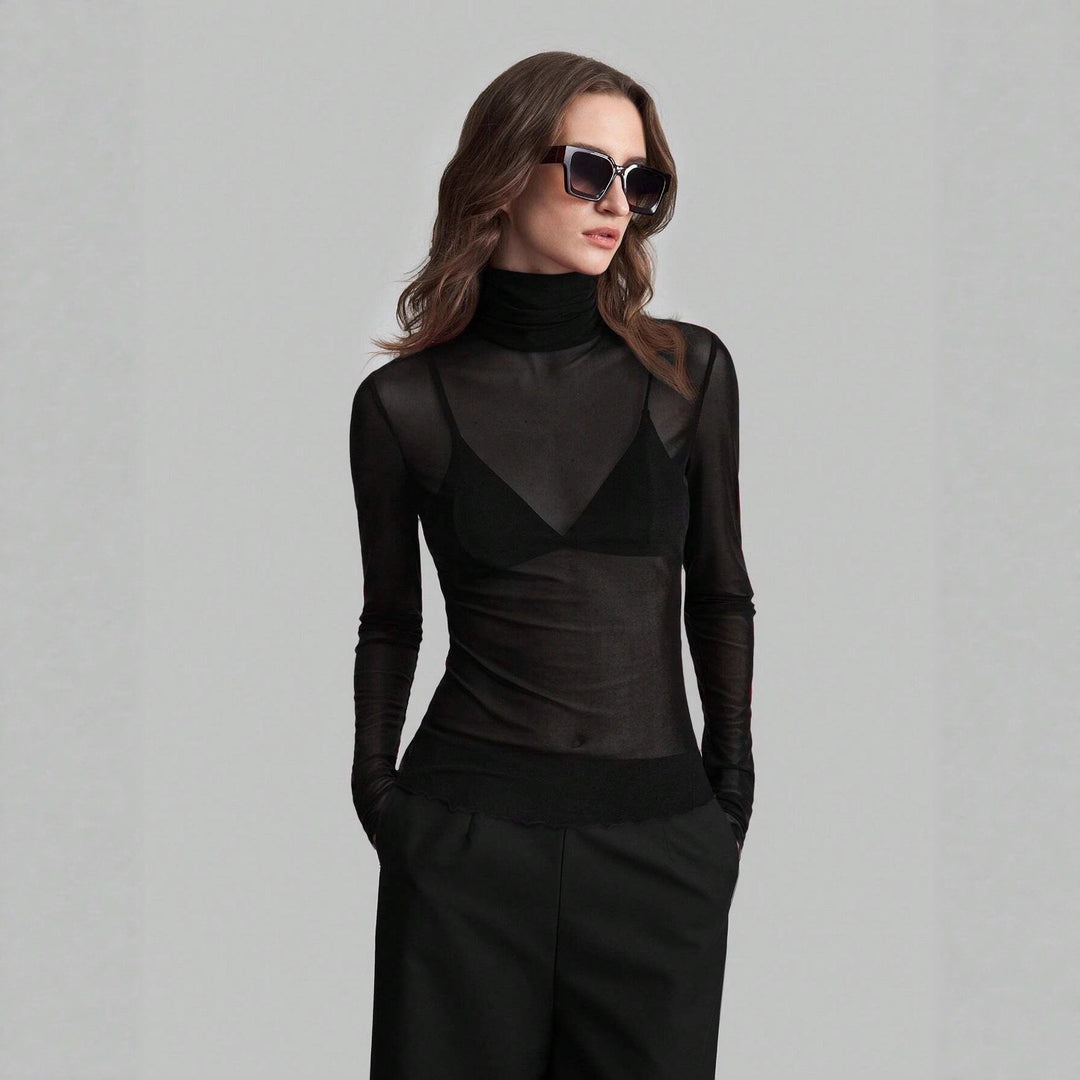Damen nan feines transparentes Mesh-Langarmtop mit Rollkragen und figurbetonter Passform Drune