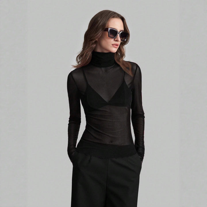 Damen nan feines transparentes Mesh-Langarmtop mit Rollkragen und figurbetonter Passform Drune