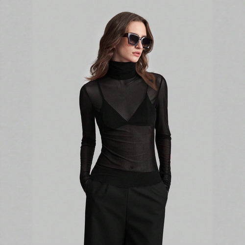 Damen nan feines transparentes Mesh-Langarmtop mit Rollkragen und figurbetonter Passform Drune