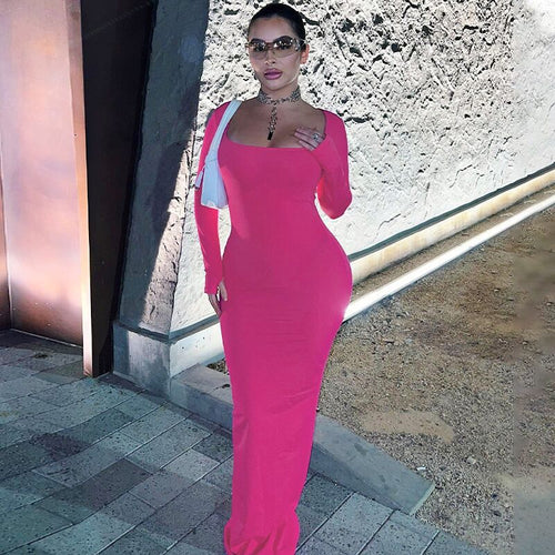Damen Figurbetontes Langarm-Maxikleid mit quadratischem Ausschnitt Drune
