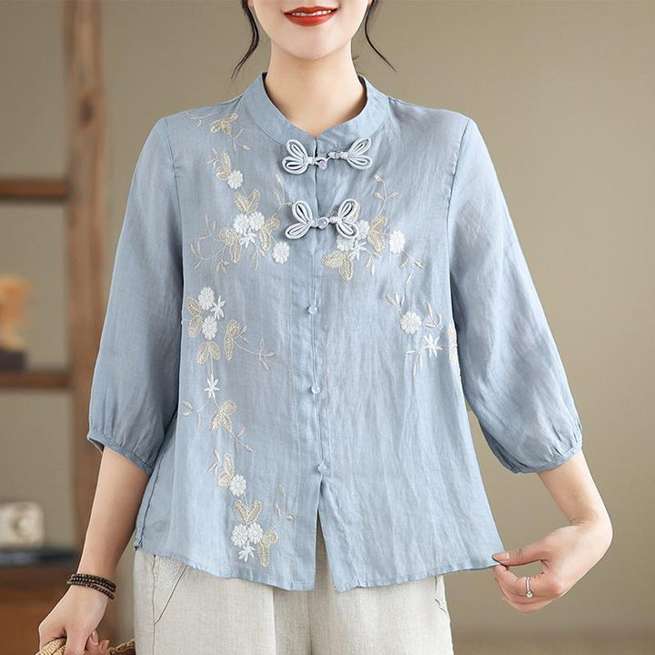 Damen Bestickte Bluse mit halben Ärmeln und Mandarin-Kragen Drune