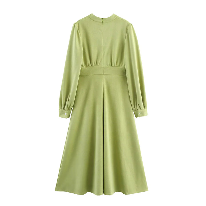 Damen nan feminines Midikleid mit Taillenbetonung, V‑Cutout am Ausschnitt und ausgestelltem Rock Drune
