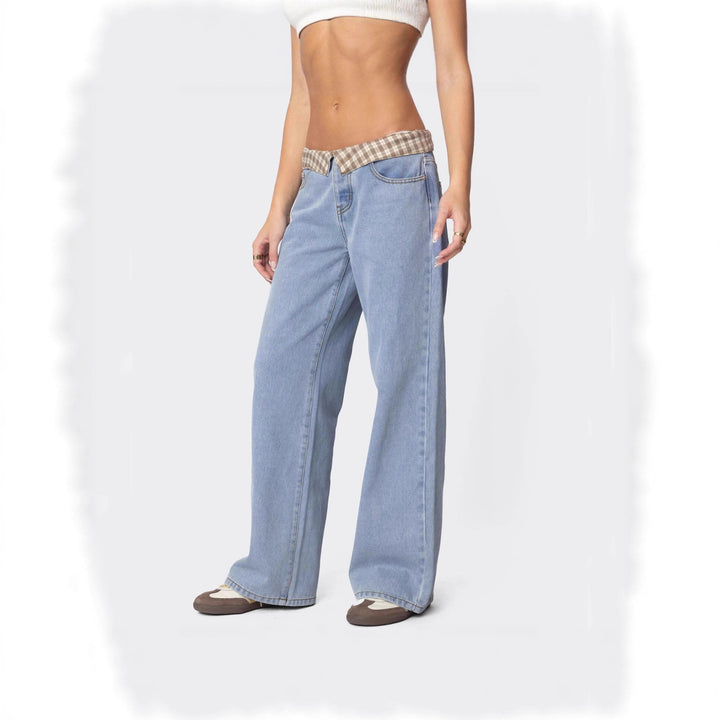 Damen nan weite Schlagjeans mit umgeschlagenem Karobund und klassischem Five-Pocket-Schnitt Drune