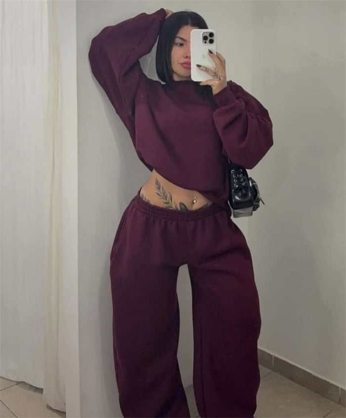 Damen Cropped-Sweatshirt mit hohem Rundhalsausschnitt und elastischer Tunnelzug Wide-Leg Jogginghose Set Drune