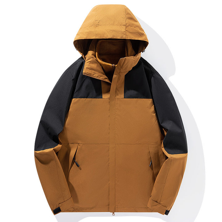 Herren zweilagige Softshell-Trekkingjacke mit fest integrierter Kapuze und fleecegefüttertem Kragen Drune