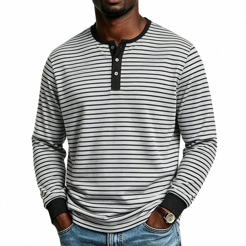 Herren Gestreiftes Langarm-Henleyshirt aus Baumwollmischung mit Knopfleiste Drune