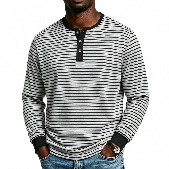 Herren Gestreiftes Langarm-Henleyshirt aus Baumwollmischung mit Knopfleiste Drune