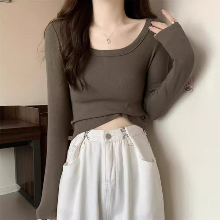 Damen figurbetontes Langarmshirt mit weitem Ausschnitt Drune