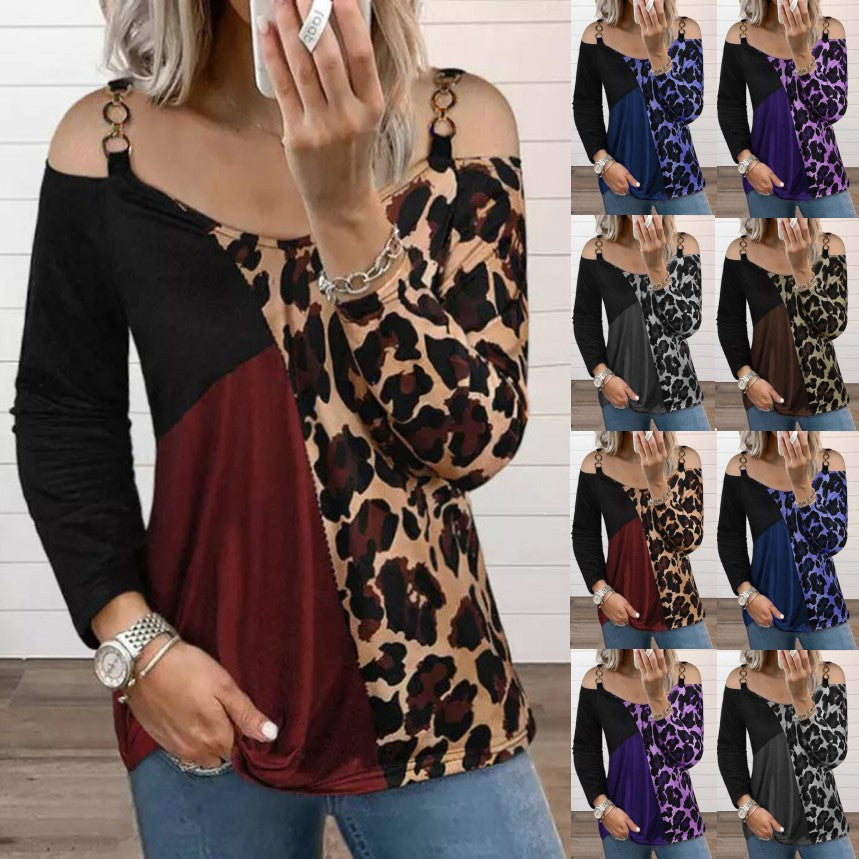 Frauen Off-Shoulder Patchwork Langarm mit Leopardenmuster und Ringdetail-Trägerdrune