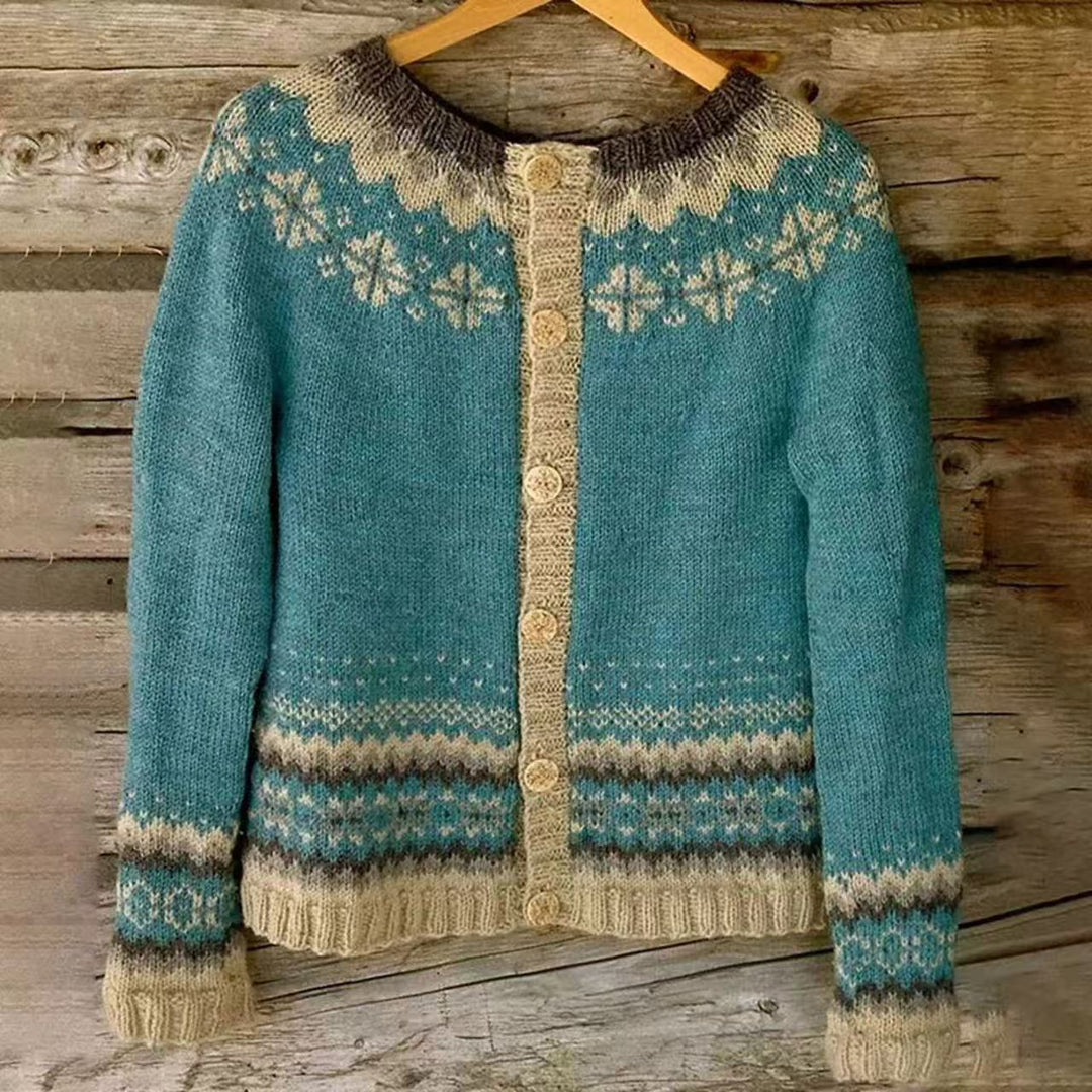 Damen nan gemusterte Strickjacke mit Rundpasse, Holzknöpfen und Eingrifftaschen Drune