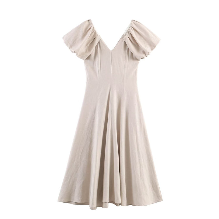 Damen V-Ausschnitt Kleid mit voluminösen Puffärmeln und schwingendem Rock Drune