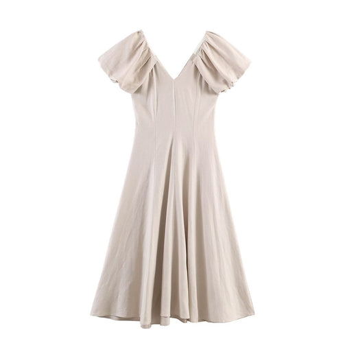 Damen V-Ausschnitt Kleid mit voluminösen Puffärmeln und schwingendem Rock Drune
