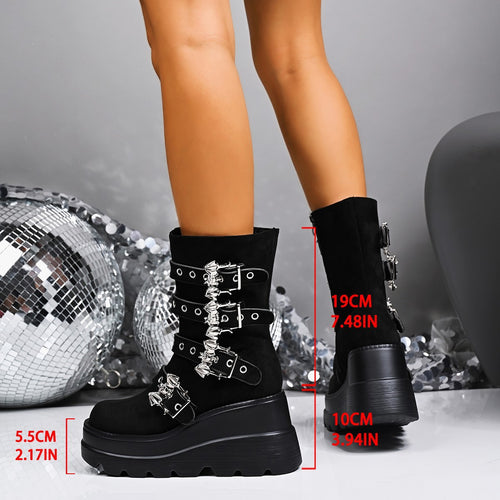 Damen Wedge-Stiefeletten mit modischen Schnallen und rutschfester Sohle Drune