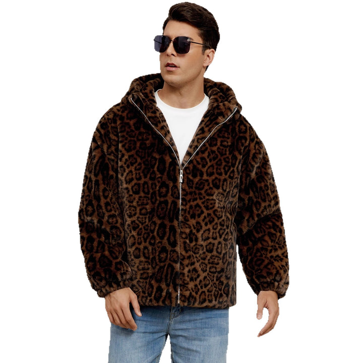 Herren Flauschige Kunstpelzjacke mit modischem Leopardenmuster Drune